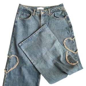 Angel Kiss Wide Leg High Rise Hearts Embroidered Jeans Women's 5/27 Blue Denim